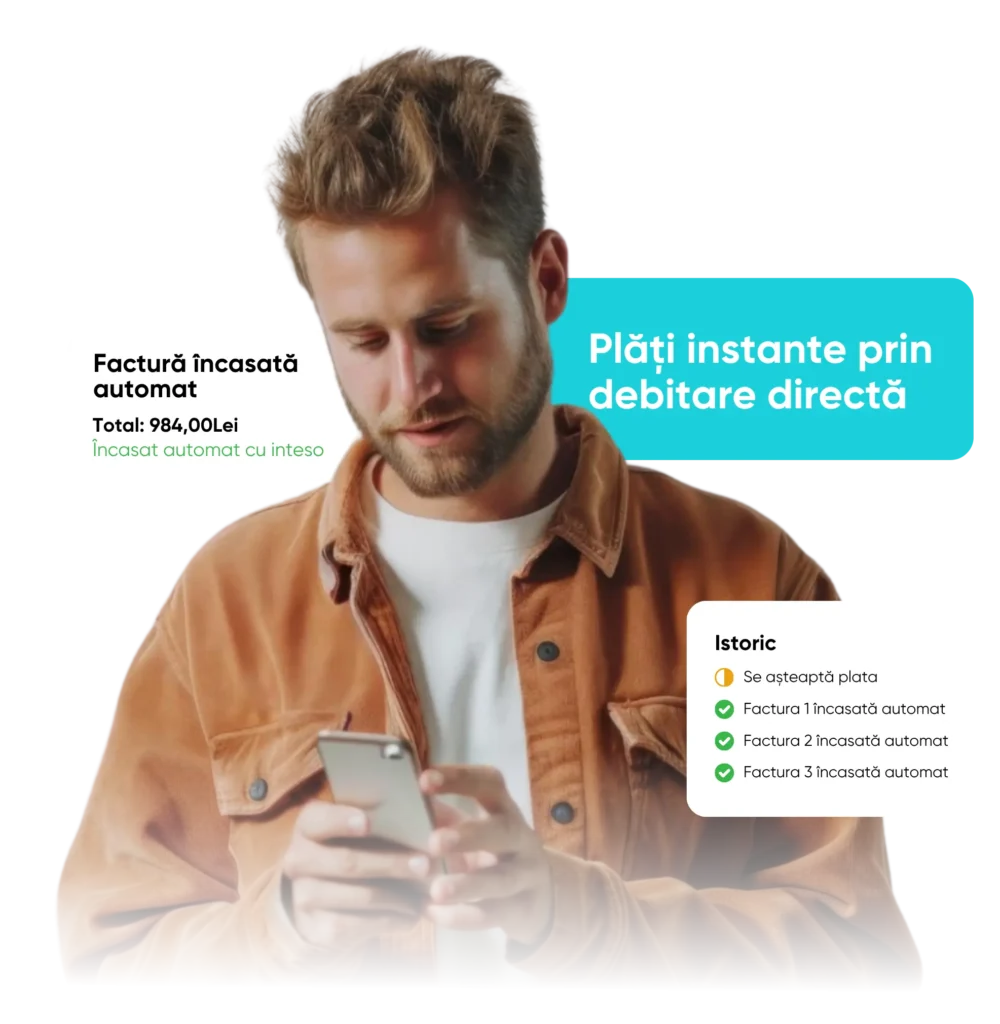 Bărbat care verifică pe telefon o factură încasată automat prin debitare directă